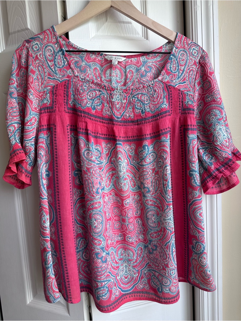 Lucky Brand Coral Pink Paisley Peasant Tunic